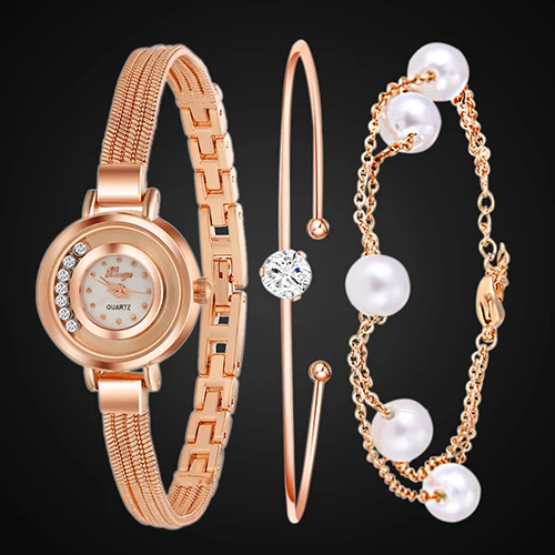 

2016 Hot Sales Fashion Czech Stones Faux Pearls Slim Chain Band Wrist Watch + 2 Bracelets