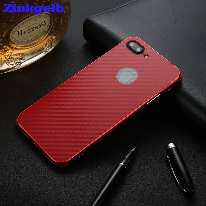 

Zinkgelb For iPhone 7 8 Plus Red Case Logo Luxury Brand Slim Hard Metal Bumper+Carbon fiber Armor Shockproof Phone Case Cover