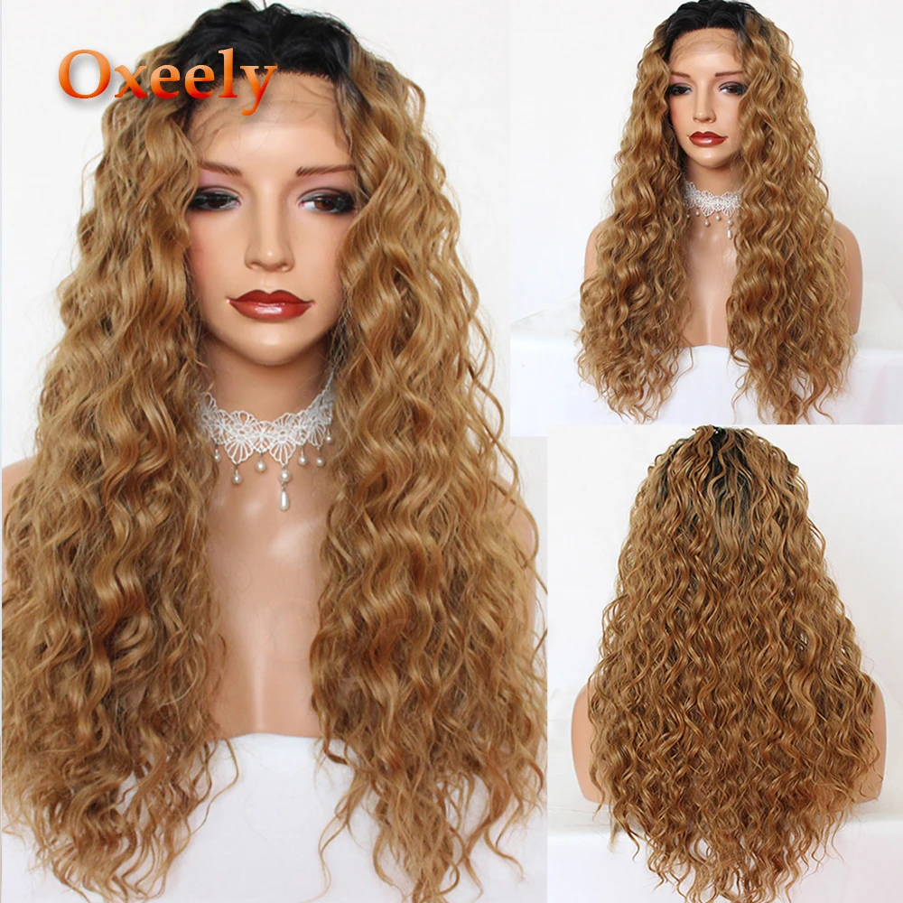

Oxeely #1B/27 Long Loose Curly Hair Synthetic Lace Front Wigs Glueless Brown Color Loose Curls Lace Front Wig for Black Women