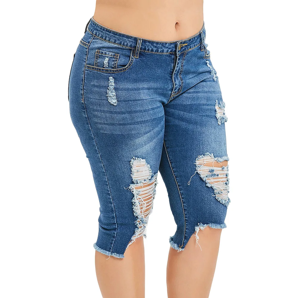 Billig Rosegal Mode Plus Größe 5XL Midi Taille Freund Capris Jeans Mom Frauen Gerade Ripped Distressed Denim Cropped Hosen