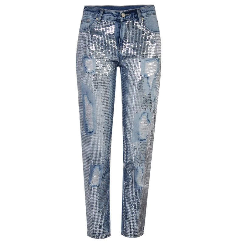 New Fashion Vintage Loose Ripped Sequins Jeans Women Hollow Out Sequined Embroidered Metal Sheets Straight Nine points Pants