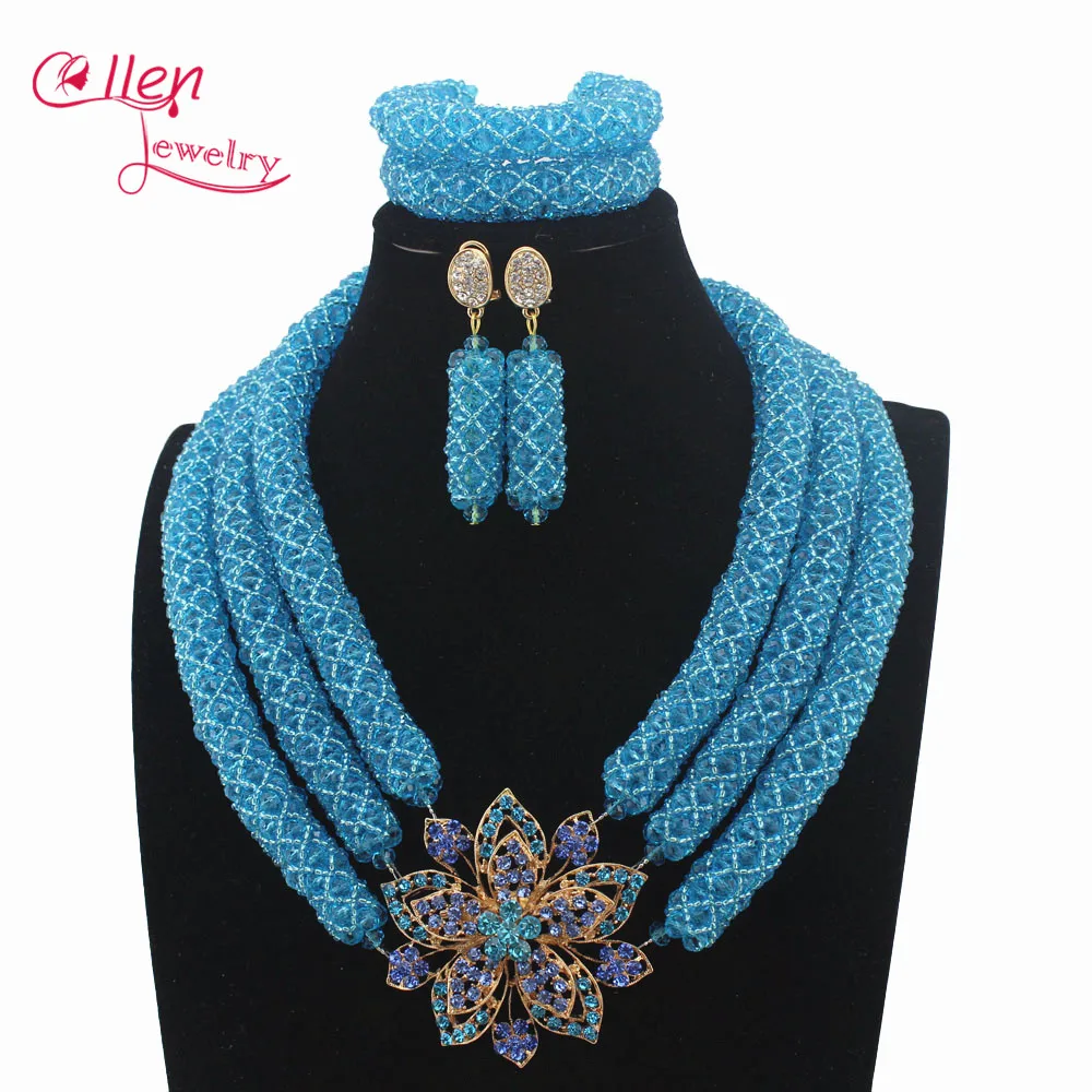 

2016 New Latest African beads Jewelry Set 3 Layers White Crystal Nigerian wedding bridal beads Necklace Set W13390