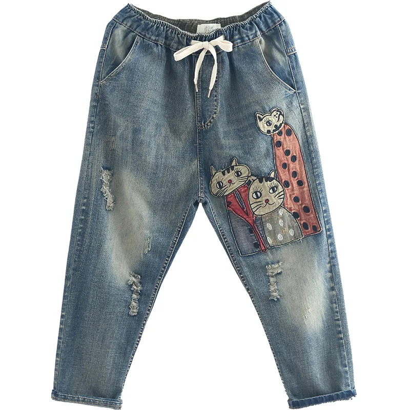Plus Size Ladies Loose Embroidered Cute Cat Jeans Woman 2019 Summer Female Boyfriend Jeans for Women Clothes Denim Pants Jeans