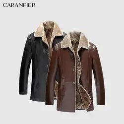 CARANFIER мужские кожаные куртки зимние из искусственного меха мужские пальто плюс бархатные Утепленные Пальто байкерские ПУ средней длины