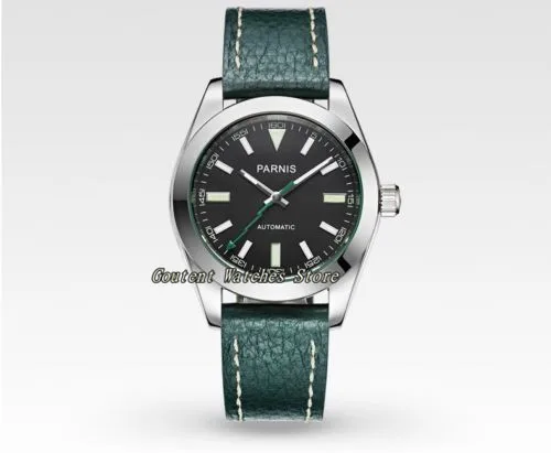 

40mm Parnis Green Strap Black Dial Sapphire Crystal Automatic Men's Watch