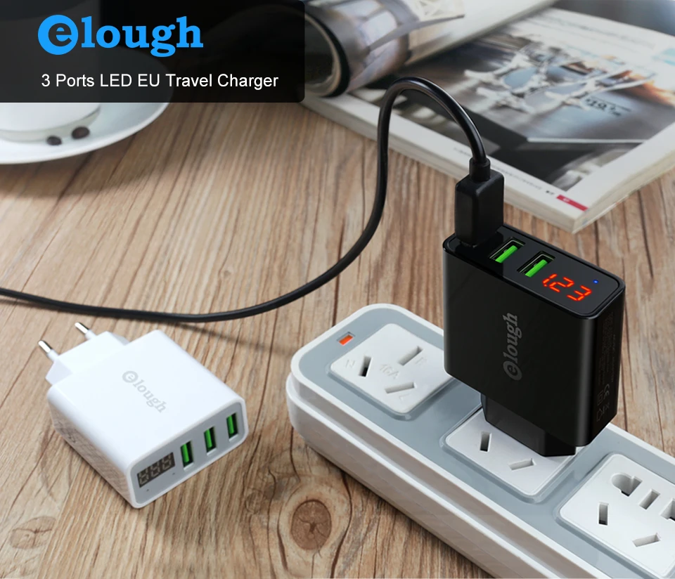 Elough EU USB зарядное устройство для iPhone samsung Xiaomi светодиодный дисплей 5 в 3 А USB порт зарядное устройство для мобильного телефона Зарядка USB адаптер Turbo