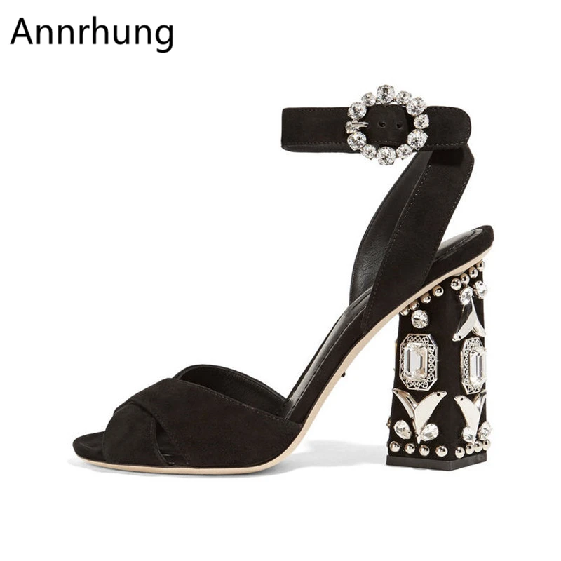 

Retro Cross Belt Crystal Heel Sandals Women Sexy Peep Toe Chunky High Heels Rhinestone Jewelled Suede Summer Shoes Women