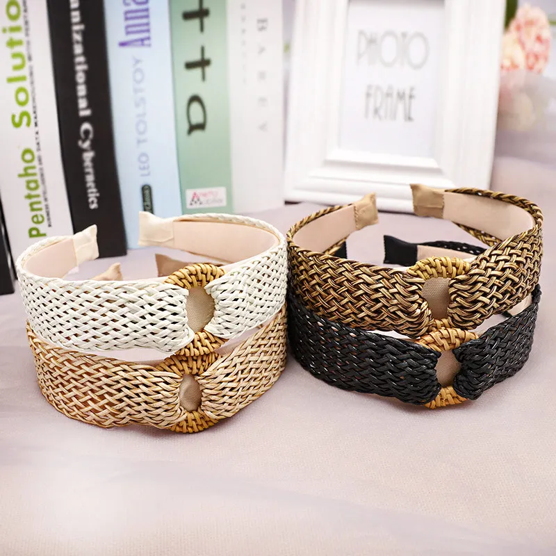 

Bohemian hairband summer straw weaving knot headband for women cross handmade hair accessories girl stitching party headdress