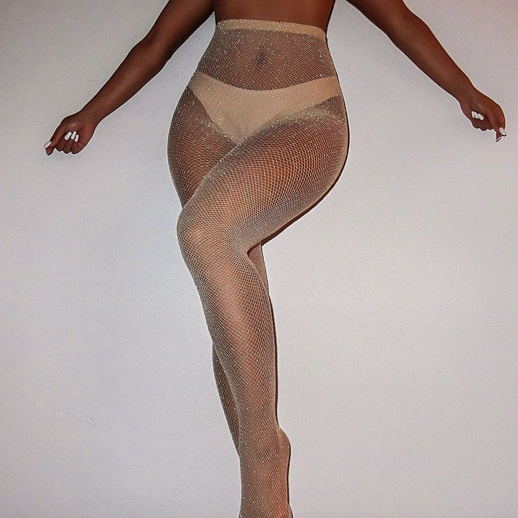 Со стразами ажурные колготки Для женщин сетка Блестящий Алмаз чулки Nylons чулочно