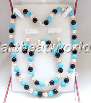 

huij 002040 17" 8mm pink freshwater pearl and turquoise & agate necklace set