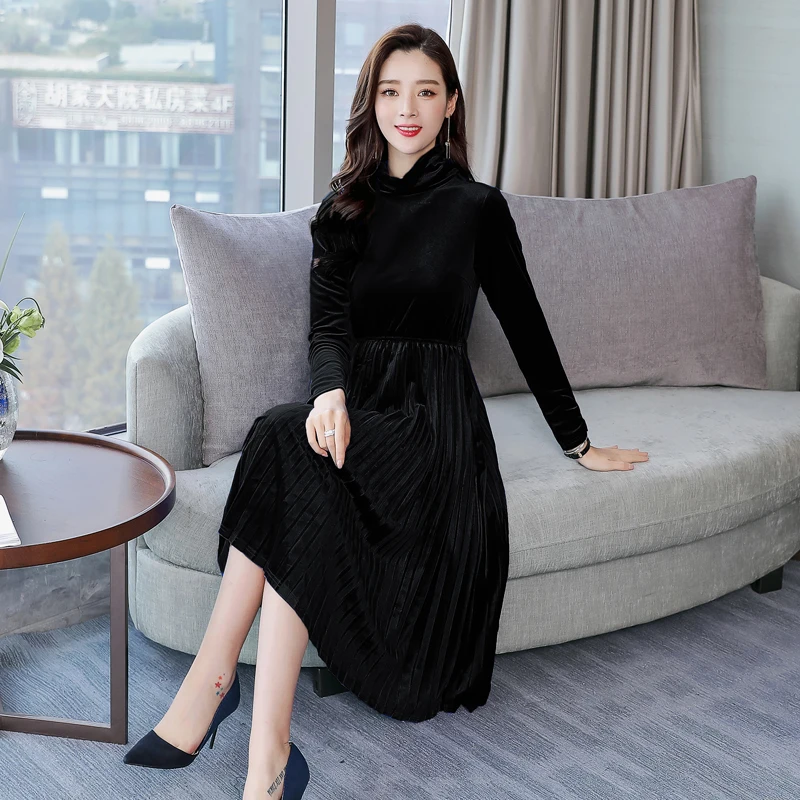 

Korea Winter Retro Black Velvet Party Dress Women Autumn Sexy Turtleneck Big Swing Pleated Dresses Female Vestidos mujer