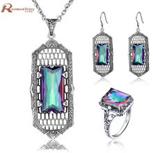 Новые модные женские обручальные кулон серьги кольцо Роскошные Ретро 925 Серебряные мистические радужные кристаллы циркония комплект ювелирных изделий