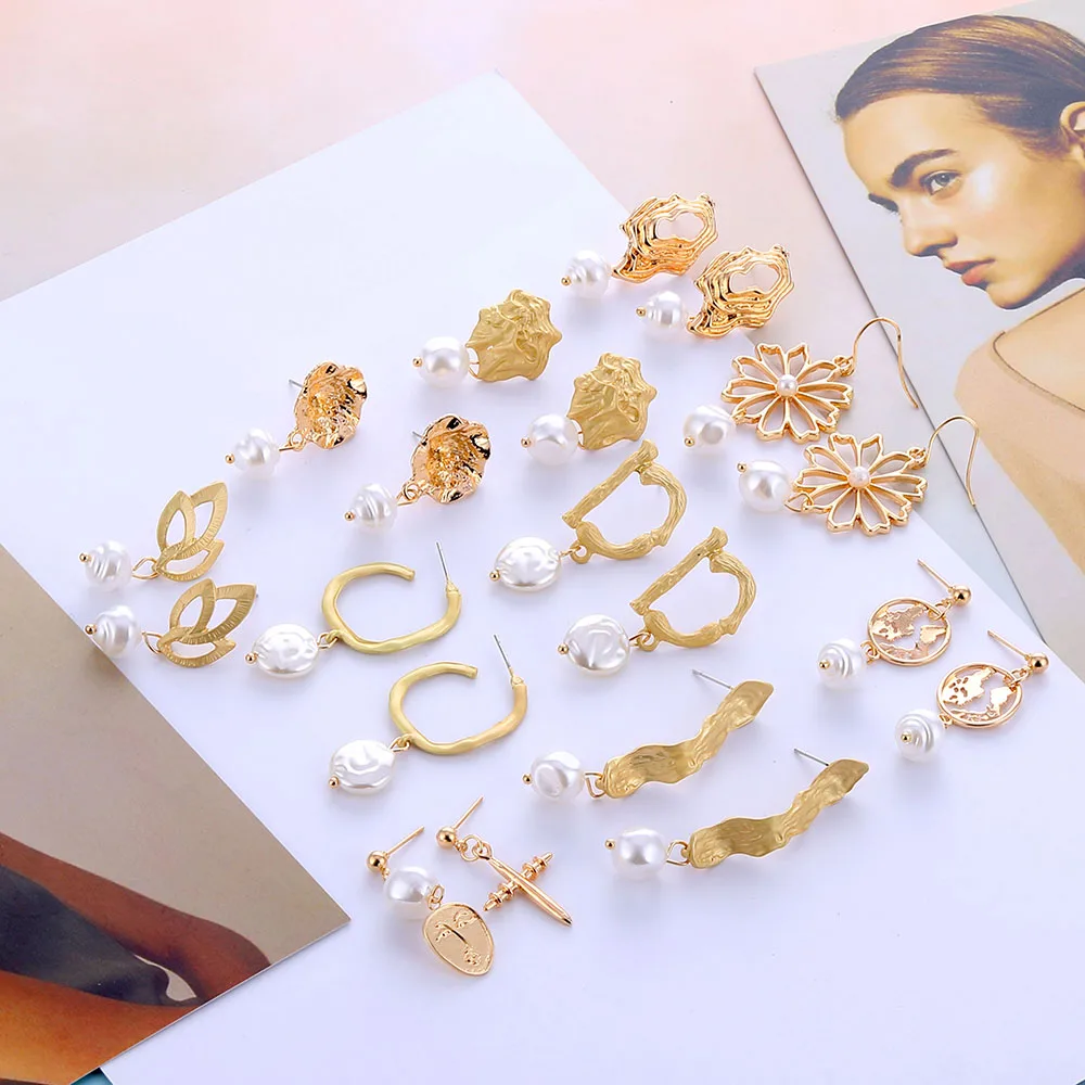 

FAMSHIN New 10 Design Metal Gold Geometric Irregular Circle Square Natural Freshwater Pearl Stud Earrings for Women Gift 2019