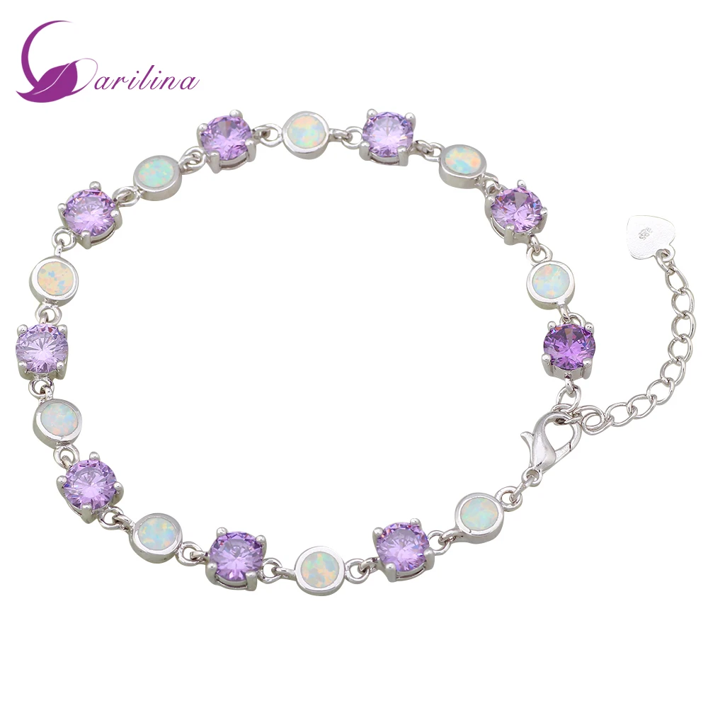 

Silver Purple zircon white Fire Opal Bracelets for women pulseiras femininas 18.5cm 7.28 inch B211