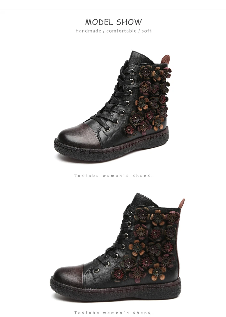 Tastabo/женские ботильоны с цветочным принтом; зимние ботинки на меху; классическая черная обувь из натуральной кожи на плоской подошве; женские ботинки