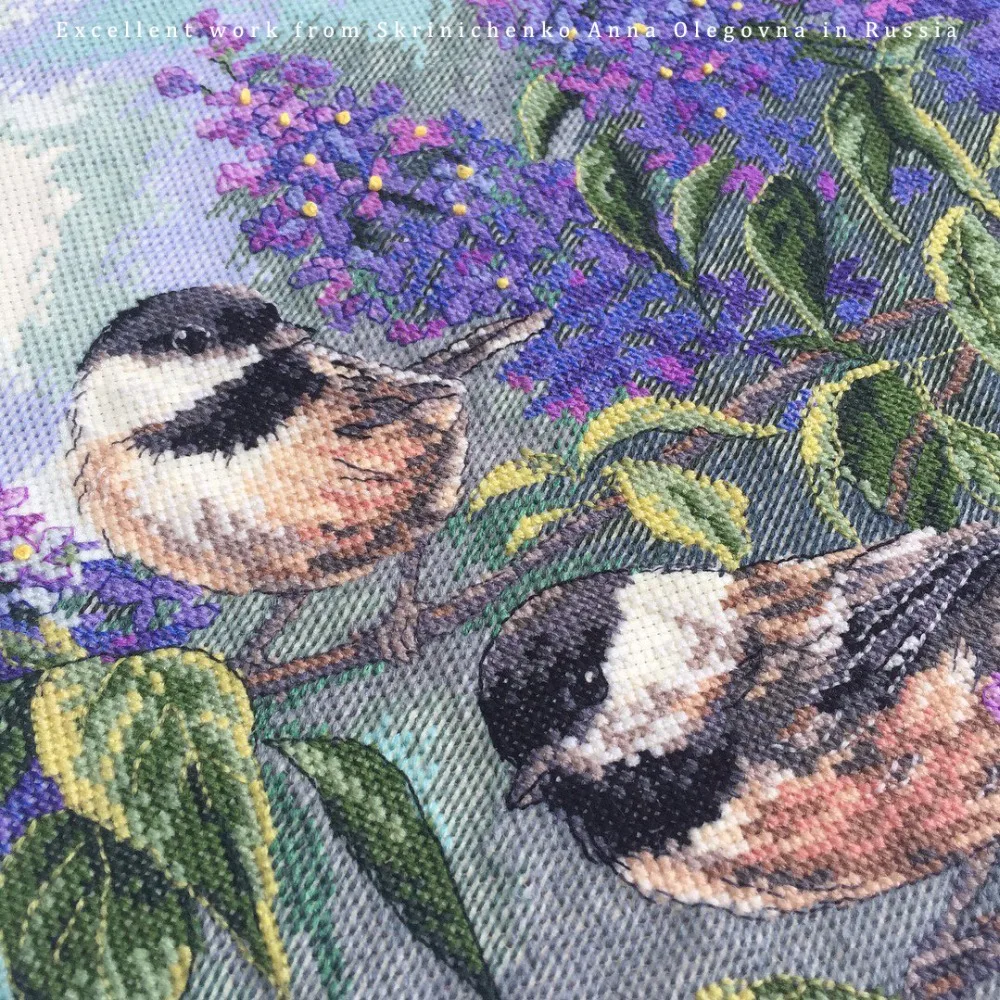 Cross Stitch Kit Chickadees and Lilac Purple Flower and Bird dim 35258