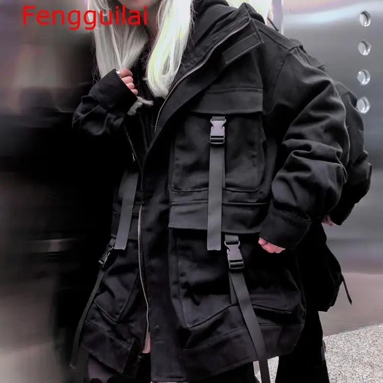 

Fengguilai Streetwear Harajuku Black Denim Jacket Oversized Pockets Women Jeans Jackets Loose BF Vintage Casual Coats