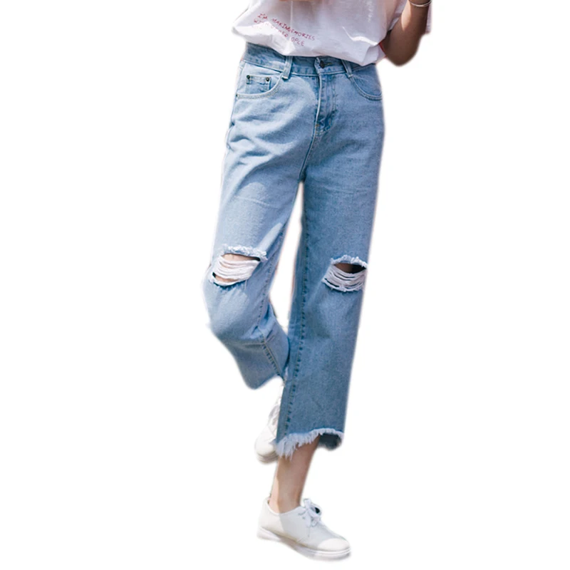  Hole Jeans Femme 2020 New High Waist Women Blue Denim Nine Cropped Patch Wide Leg Pants Casual LDL04 | Женская одежда