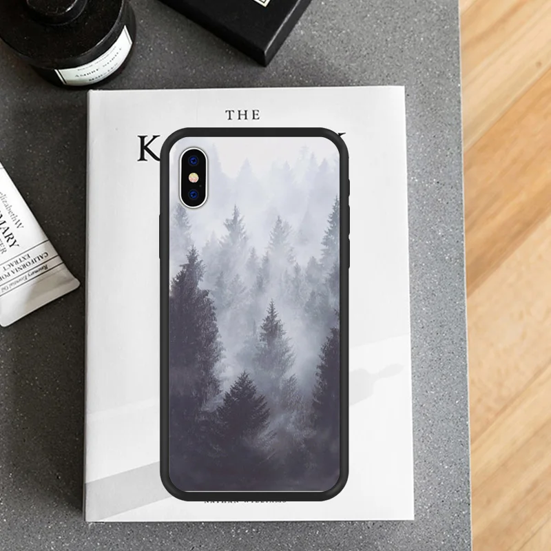 Роскошный чехол для телефона iPhone XR 6 6S Plus X 5 SE с узором Forrest Scenic черный Жесткий 8 7