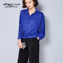 Lace stitching Bat Sleeve Chiffon Shirt 2016 new spring all-match thin long sleeve chiffon shirt coat square collar party blouse