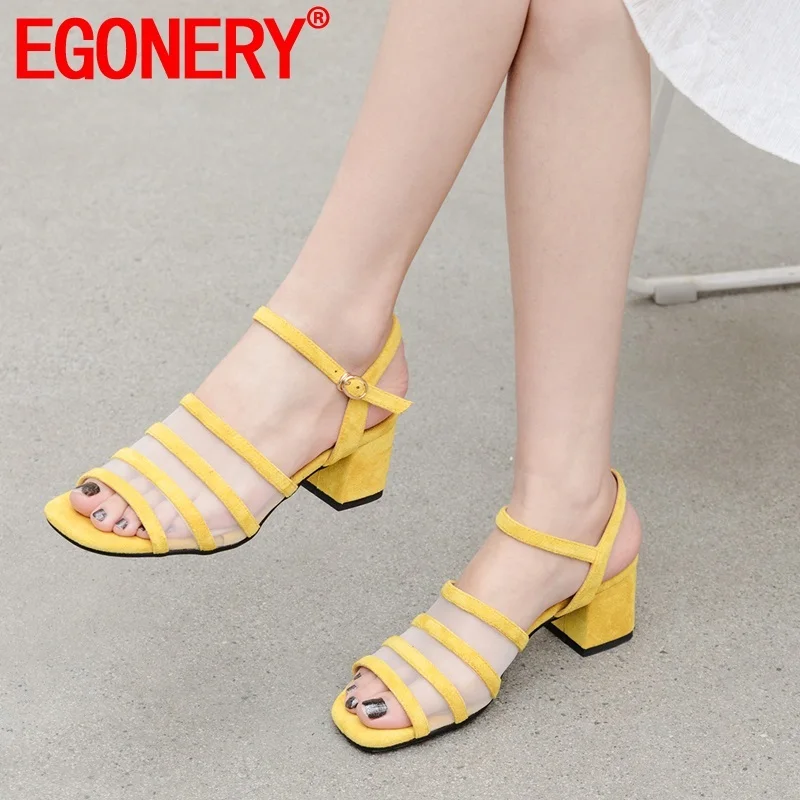 

EGONERY hot sale woman shoes 2019 summer new fashion sexy open toe woman sandals outside high heels buckle flock ladies shoes