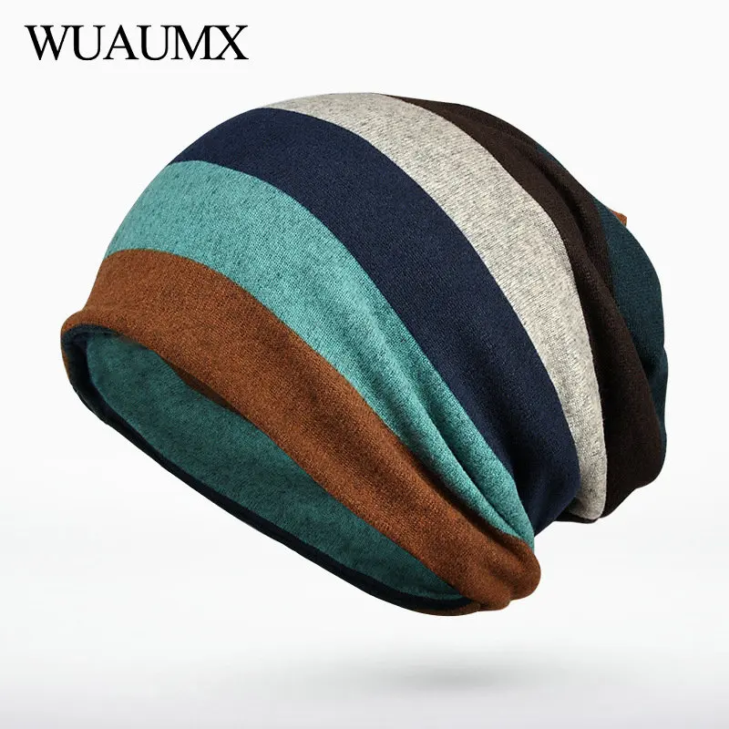 Wuaumx шапки осень/зима для женщин полосатая Шея Теплое кольцо шарф многофункциональные шапочки шляпа для мужчин хвост широкий берет-Боб fille