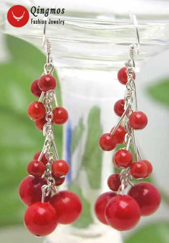 

Qingmos Natural Red 3-6mm Round Coral Dangle 2 inch Grape Earrings for Women & Stering Silver 925 Hook Fine Jewelry-ear103