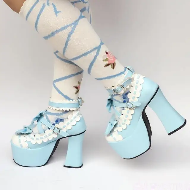 Gothic-12-CM-Super-High-Heel-Blue-and-White-Trim-Leather-Pumps-Sweet-Lace-Trim-Bowknot-Strap-Lolita-Girls-Shoes-1