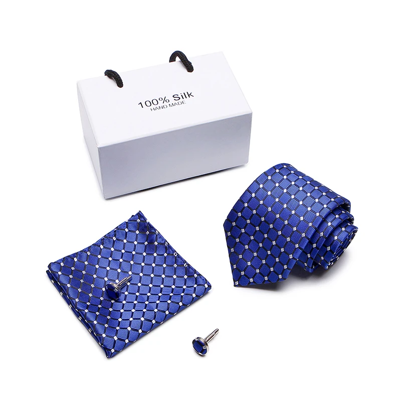 Для мужчин галстук синий полосатый 100% шелк жаккард Тканые Gravata Галстук Ханки Запонки Набор для Для мужчин свадебные 2 шт/комплект оптовая