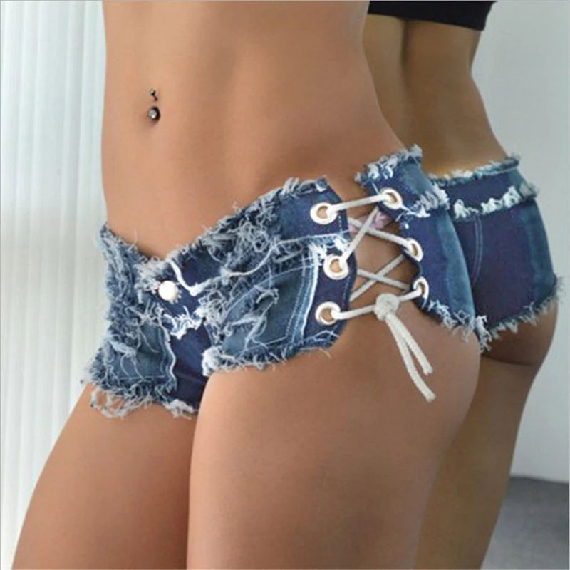 

2016 Summer New Sexy Slim Skinny Lace Up Ripped Hole Burrs Cut Off Washed Low Waist Women Denim Mini Hot Beach Shorts Jeans