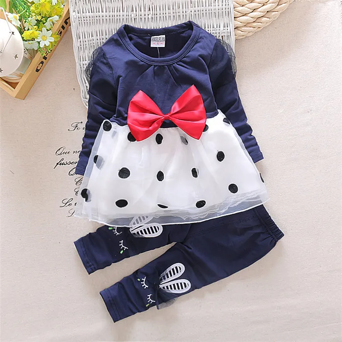 Новая весенне-Осенняя детская одежда для маленьких девочек костюм из двух предметов с длинными рукавами и бантом детская одежда для младенцев - Цвет: Синий