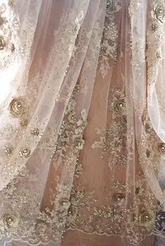 

1 yard gold beaded lace fabric by the yard, heavy beads lace fabric bridal wedding beading embroidery haute couture design