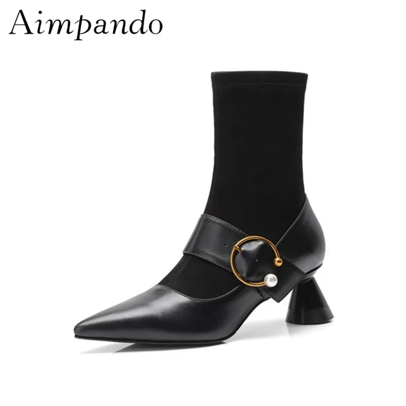 

Individual Cup Heel Winter Booties Black Stretch Fabric Leather Patchwork Martin Boots Point Toe Buckle Ankle Boots Women