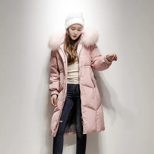 KMETRAM, зимняя женская куртка-пуховик, воротник из натурального меха енота, пальто с капюшоном, Женская свободная Толстая теплая парка, винтажное длинное пальто, MY596 - Цвет: Pink