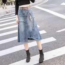 Большие размеры Модная джинсовая миди юбка женская летняя светло-синяя рваные джинсы юбка женская пуговица кисточка школьная юбка