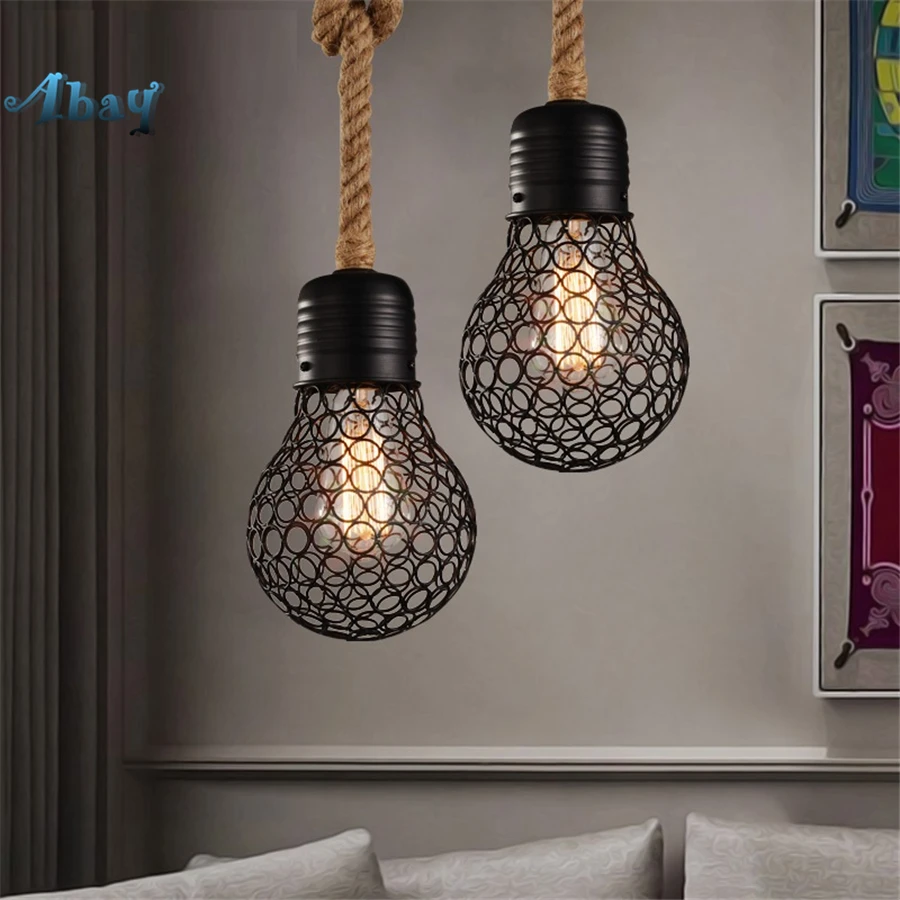 

American vintage Hemp Rope Pendant Lights Bulb Shape for Cafe Bar Dining Room Light fixtures Industrial Decoration Hanging Lamp