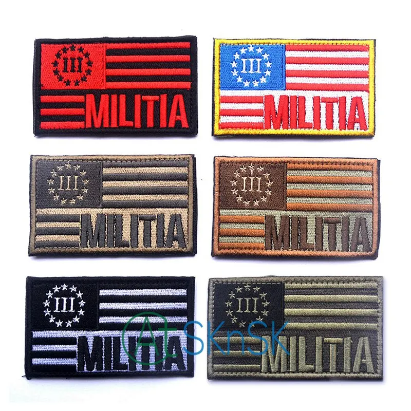 

10PC/lot MILITIA Tactical Morale Cloth Badge American Flag Patch Iron-on Handmade Embroidered Applique Jacket Bag Sticker 8*5cm