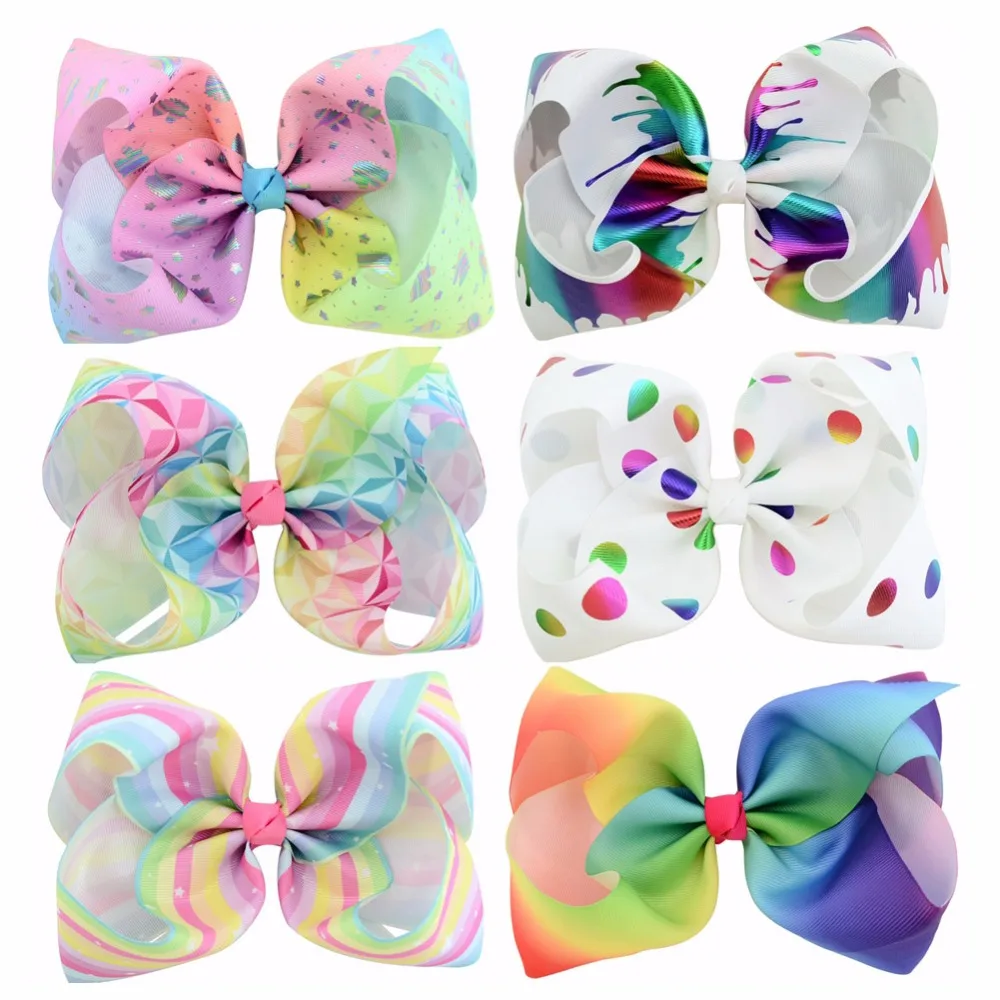 

6Pcs/lot 8 inch Large Rainbow Striped Dots Hair Bows With Clips For Kids Girls Colorful Hairpins Handmade Hair Accessories 801
