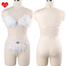 Женский комплект поводков для танца с белым пером ангела, кружевной кроп топ с бюстгальтером и перьями