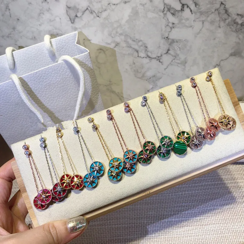 

Fashion designer 925 sterling silver jewelry eight stars earrings red pink blue green compass viking line drop earrings