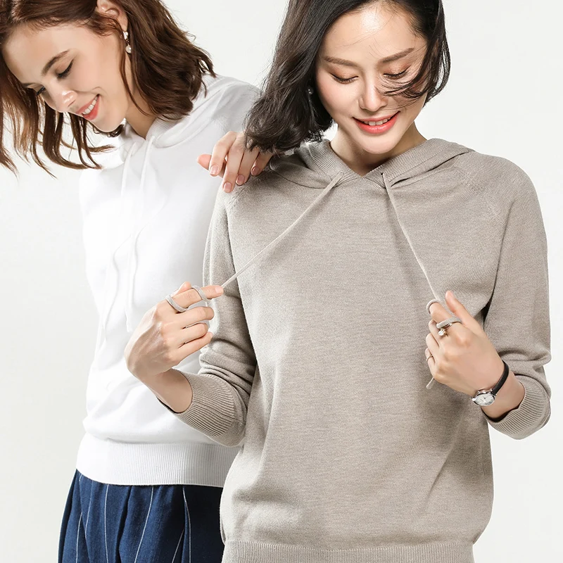 

2019 New Spring And Autumn Women's Cashmere Wool Blend Pullover Hooded Collar Coat Solid Color Knit Jacket Top Sweates
