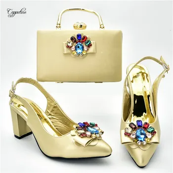 

Chmaring gold party set matching high heel pointed toe sandal shoes and evening handbag set for lady 108-2 heel height 7cm