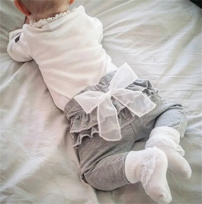 2pcs/Lot Autumn Baby Girl Pants Infant Big Bow Lace Cute Pants Kids