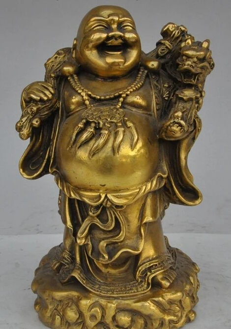

8" china brass buddhism wealth Maitreya Buddha hold dragon ruyi money bag statue
