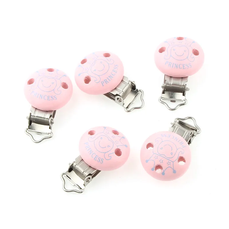 

5Pcs Wooden Baby Pacifier Clips Pink Wood Metal Holders Cute Infant Soother Clasps Accessories 4.4x2.9cm for Baby Teethers