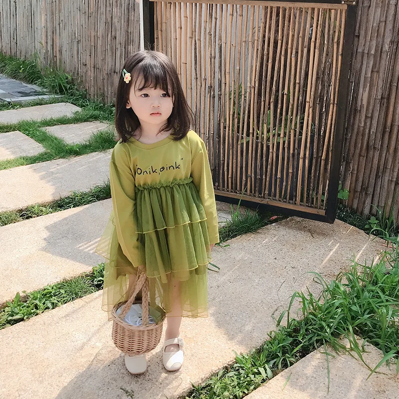 

New Girls Letter Printing Long Sleeve Cotton Cake Princess Dresses Children Kids Candy Color Lace Cute Dress for 2019 Autumn