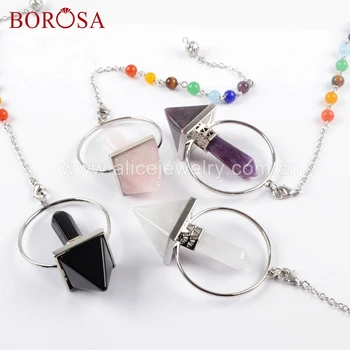 

BOROSA 6pcs Pendulum Shape Stone Pendant with 7inch Chain Natural Black Agates Jewelry for Wholesale WX1046
