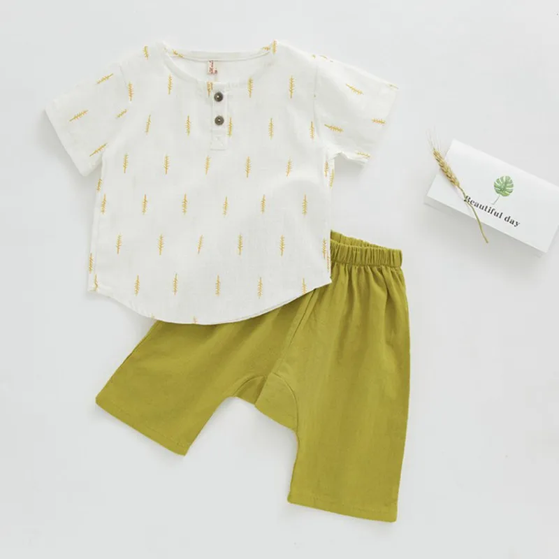 COOTELILI Cotton Linen Toddler Boys Summer Clothing Children Sets Short Sleeve T-shirt+ Pants Girls Clothing Sets 80-120cm (12)