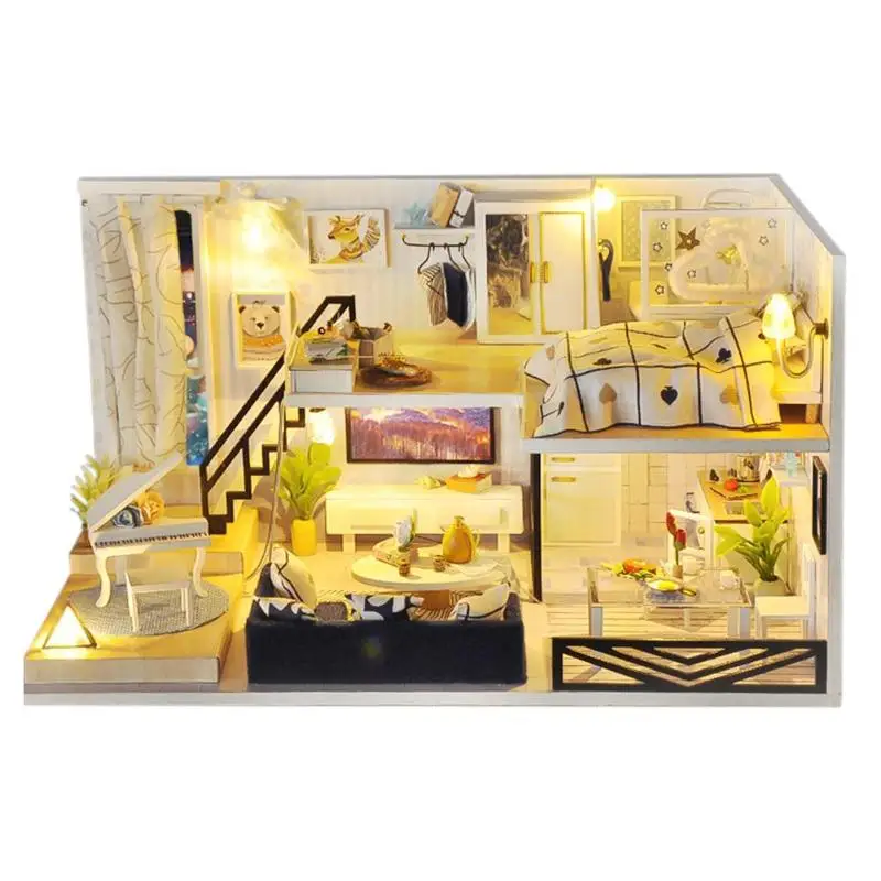 

Hot Miniature Dollhouse with Furniture Wooden DIY DollHouse Kit Plus Puppet Doll Children Educational Toys Kids Gifts