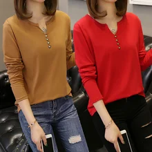 Женские футболки больших размеров 5XL, осень, новинка, длинный рукав, на пуговицах, v-образный вырез, одноцветная футболка, повседневная, гипертрофия, свободная футболка, Топ